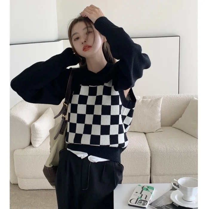

Осенний дизайнерский Повседневный Модный комплект 2021, Женский вязаный жилет для шахматной доски, жилет, блузка из двух предметов