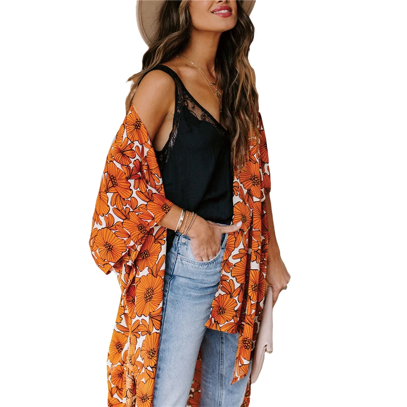 

2021 тенденции моды Женская Повседневная пляжная блузка оранжевая туника с цветочным набивным рисунком свободный с короткими рукавами Стиль...