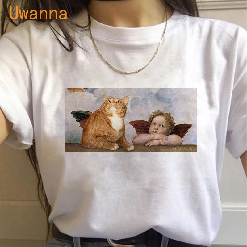 

Футболка женская с принтом ангела, топ с коротким рукавом и круглым вырезом, Повседневный Белый Топ в стиле Харадзюку