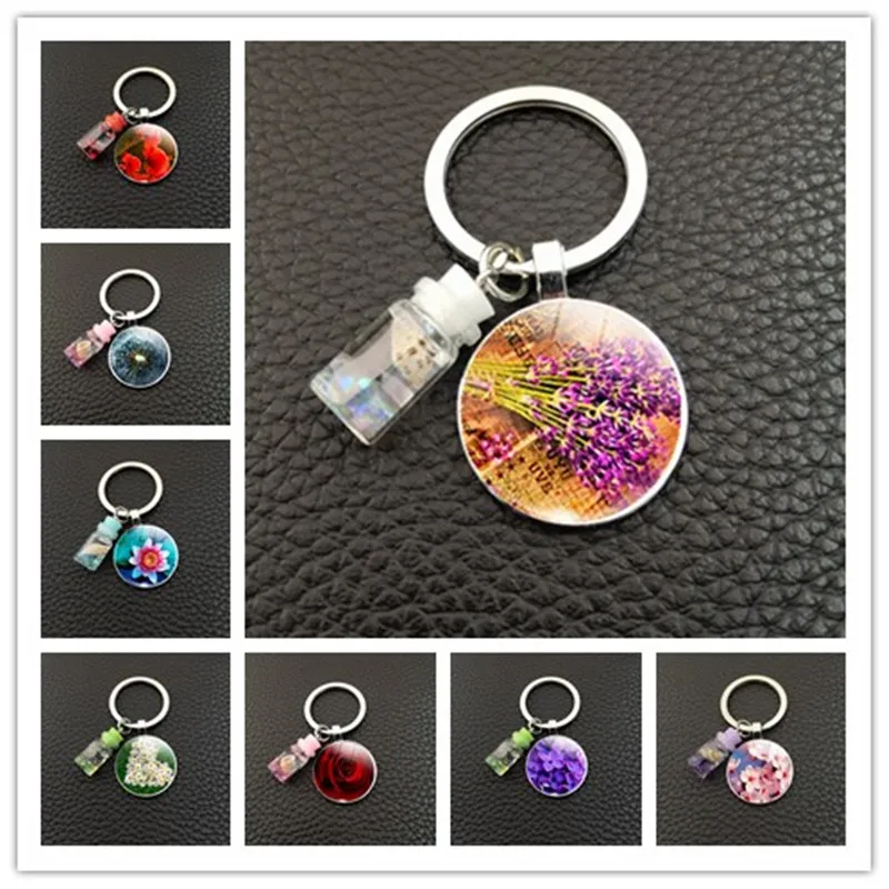 Маргаритка Роза вишня бутылка для ключей стеклянный круглый DIY брелок отправки