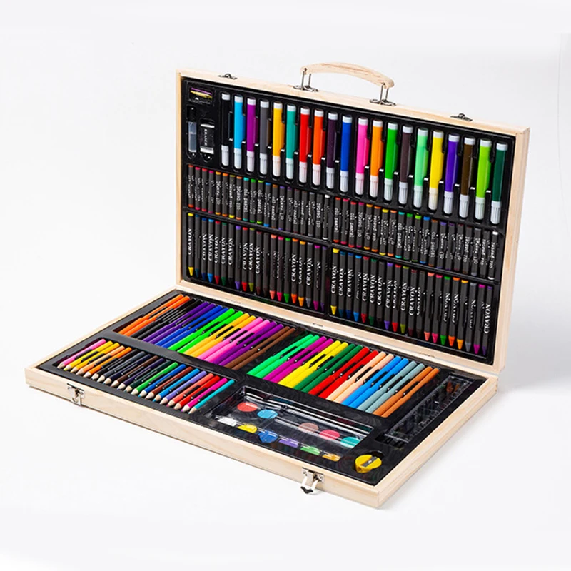 180PCS/set Art Painting Set with Wooden Box Children's Drawing Watercolor Brush Colored Pencil Marker Crayon | Канцтовары для