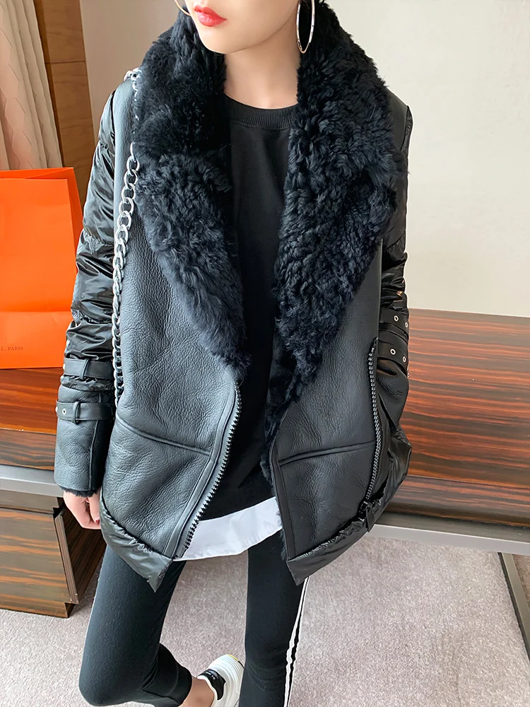 100% Натуральная овечья кожа пальто женский зимний большой меховой воротник