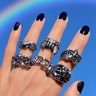 Женский комплект колец в стиле панк и готика, винтажная Посеребренная бижутерия в форме сердца с пентаграммой в виде пламени, очаровательные украшения для бильярда в стиле ретро