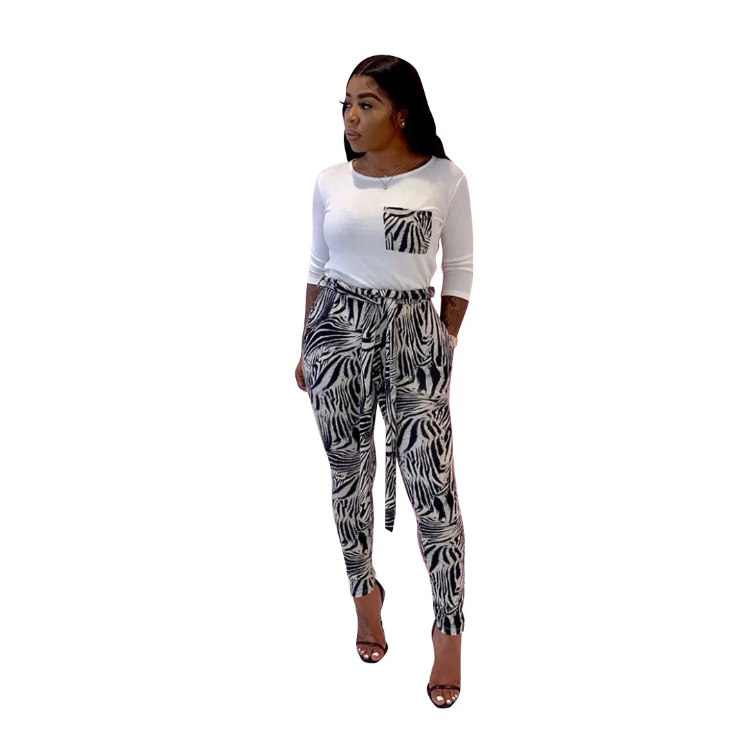 

Donsignet Summer New Fashion Pant Suits Print Patchwork Casual Long Sleeve Top +long Pant Women's Suits Two-piece Suit