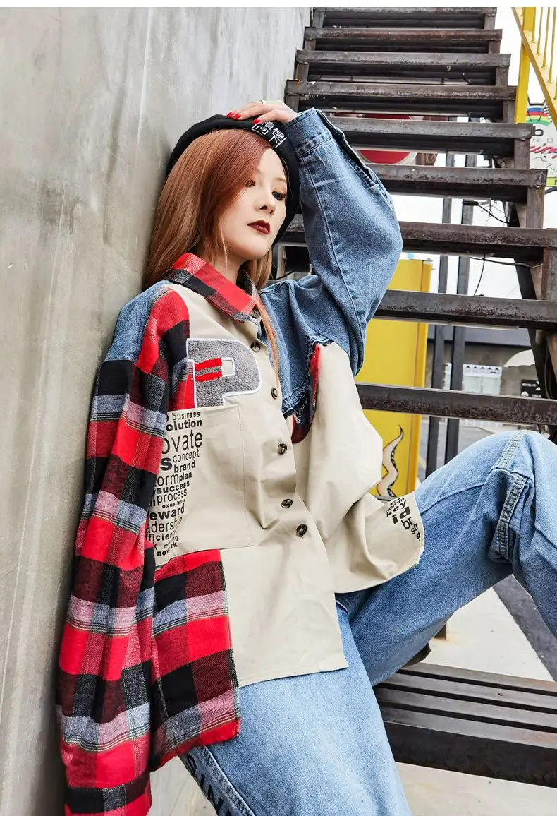 

2021 Spring Female Turn Down Collar Single Breasted Long-sleeved Patchwork Panelled Plaid Denim Jacket Cardigan Coat Tops