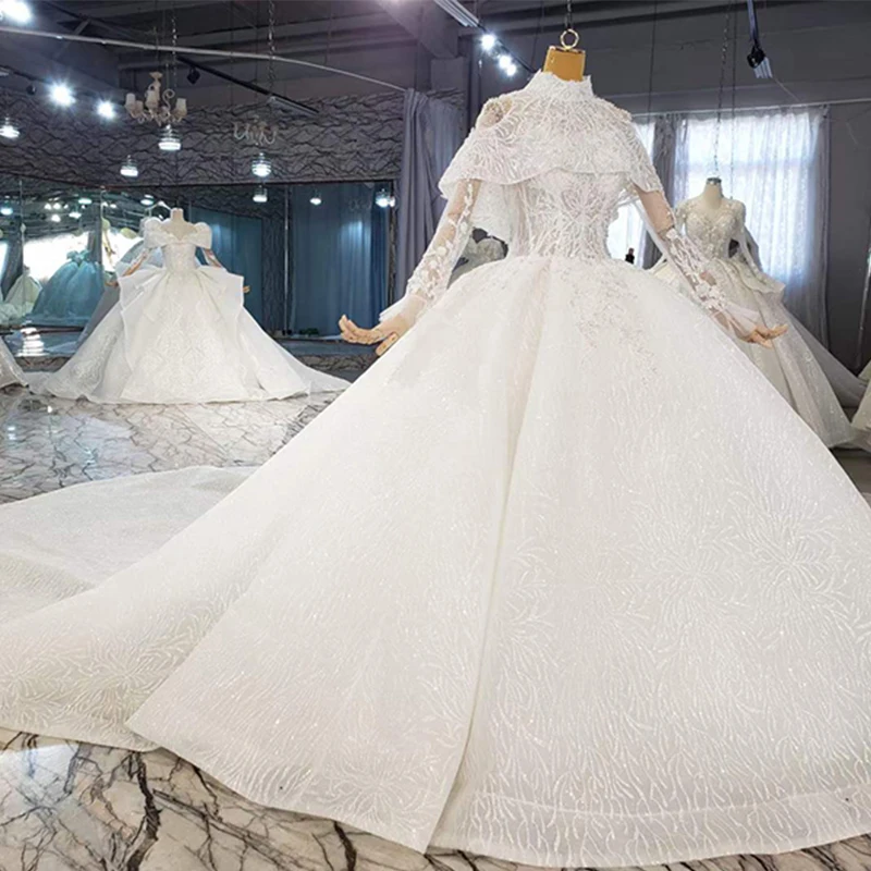 HTL2050 Detachable Shawl Luxurious High Neck Crystal Beading Sequined Wedding Dress 2021 For Woman Ball Gowns