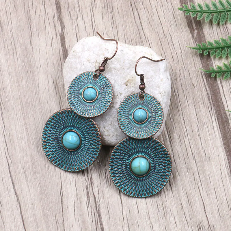 Серьги ярь-медка патина медные зеленые богемные серьги с синими бусинами двойные