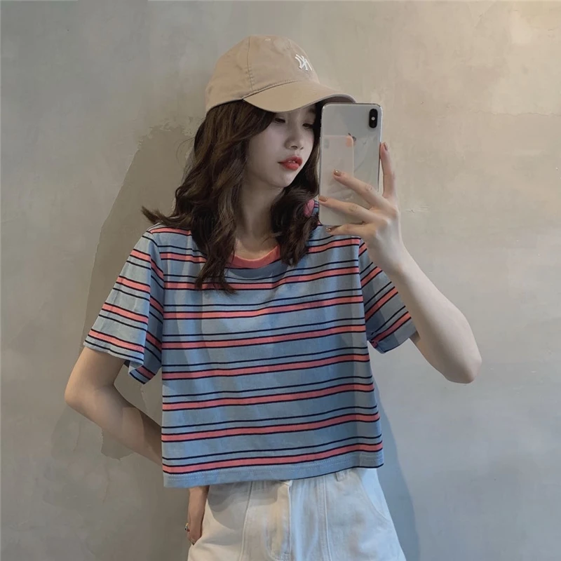 

T Shirt Fashion New Summer 2021 Cotton Striped Soft Simple Short T-shirts Tops Loose Tshirts Thin Korean Style O Neck Tee Shirt