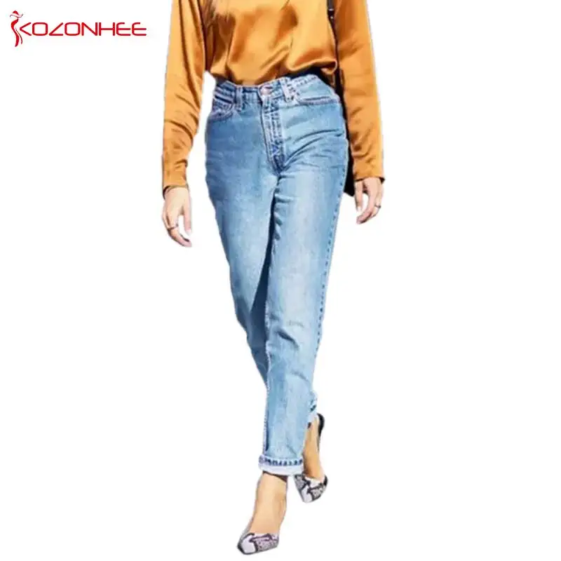 Свободные женские джинсы для мам большой размер высокая талия промытый