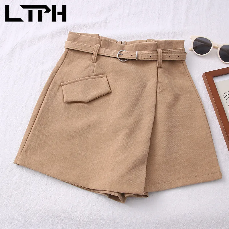 

LTPH Korean Irregular Women Shorts Fashion Casual All-match High Waist With Belt Solid color Short Pants 2021 Spring Summer New