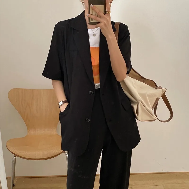 

Women Korean Chic Retro Two Piece Sets Loose Thin Lapel Two Button Suit Jacket and Draped High Waist Mopping Trousers Wide Leg