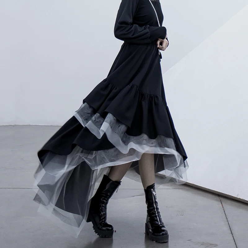 

2020 Fashion Korean Loose Elastic Waist Skirt Tide Personality Plaid Mesh Skirt Patchwork Irregular Women Clothes