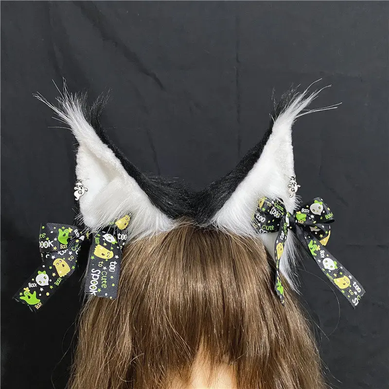 

handmade Anime Furry Animal White Black Halloween Cat Ears Headband Kawaii Lolita Hair Hoop Halloween Cosplay Party Fancy Headwe