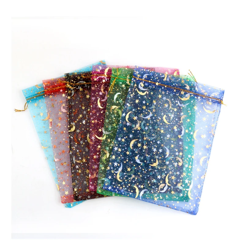 

50Pcs/Pack Christmas Gift Candy Net Yarn Bags Bronzing Stars Moon Pattern Wedding Candy Bags