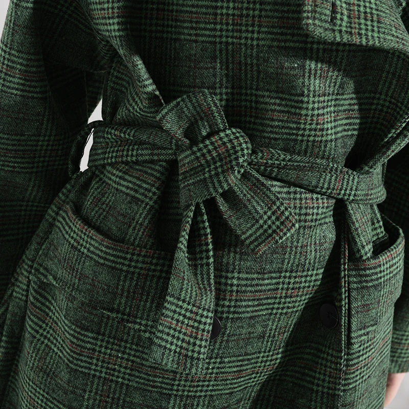 LANMREM модное осеннее двубортное повседневное свободное зеленое клетчатое Женское шерстяное пальто большого размера UA26406