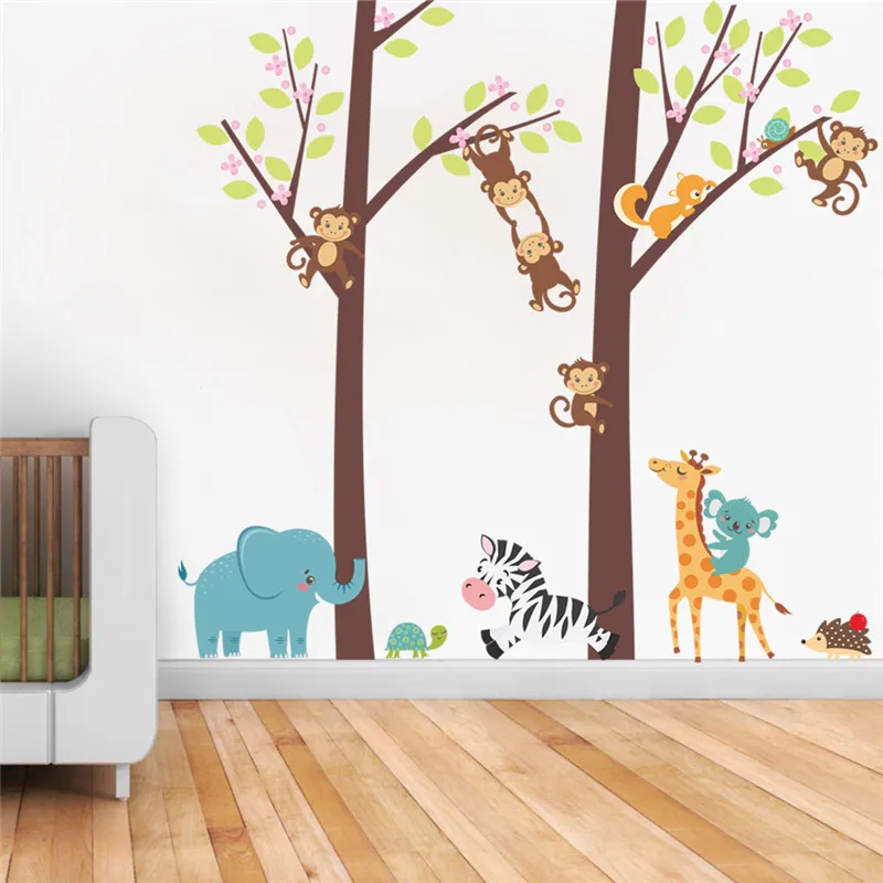 

Cartoon Animal Big Tree Branch Wall Sticker For Kindergarten Kids Room Home Decor Safari Monkey Zebra Mural Art Pvc Decal