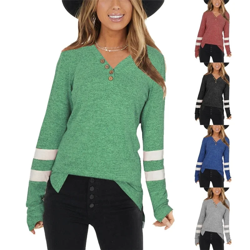 

Autumn Striped Print T-shirt Women Casual Long Sleeve V Neck Button Tee Tops Fashion Stitching Pullover Straight T-shirt X57