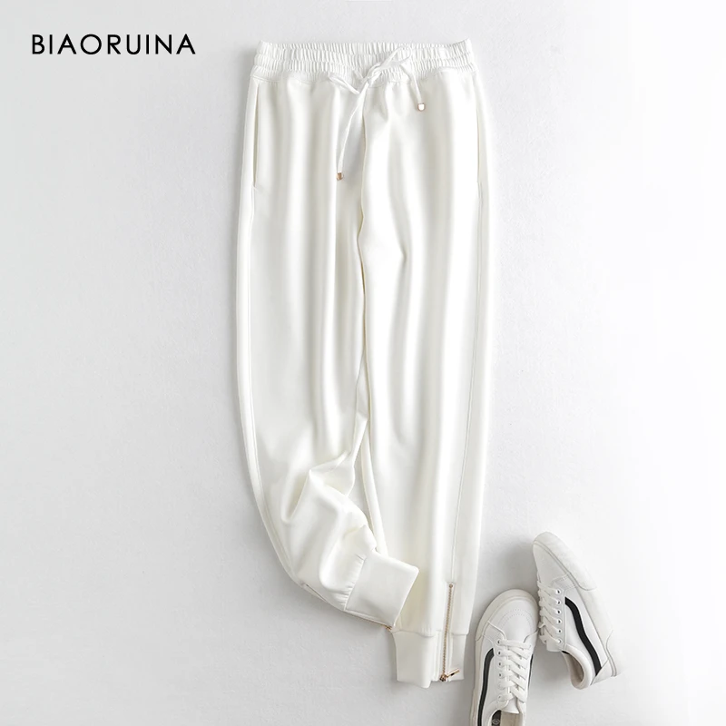 

Штаны женские BIAORUINA, белые, на завязках, эластичные, с высокой талией, повседневные, шаровары, для активного отдыха, спортивные, на молнии
