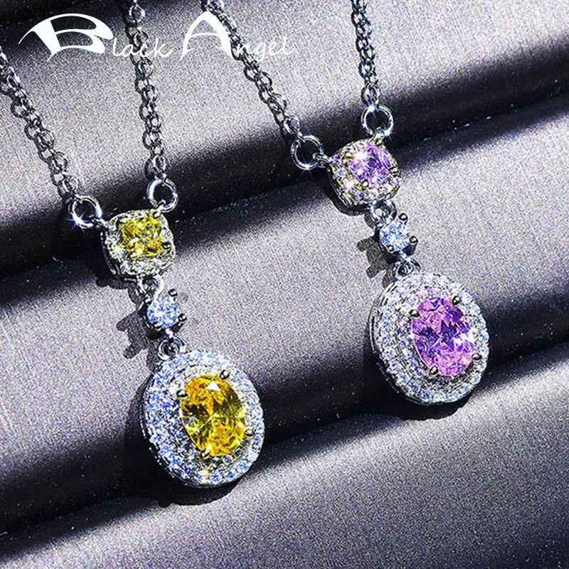 

BLACK ANGEL 2020 New Citrine Oval Necklace Luxury Pink Crystal Gemstone CZ Pendant For Women Silver Jewelry Christmas Gift