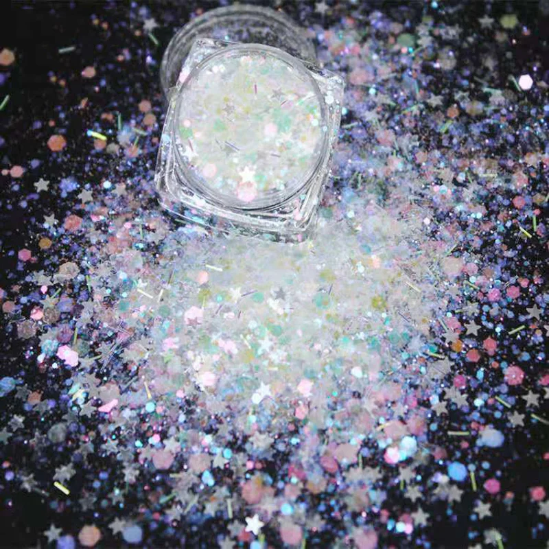 

1 Bag/50G Chunky Mix Glitter *polyester glitter * nail art, silver, stars&moons Chunky Iridescent Opal Mix Glitter-- 50 grams