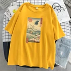 Женская футболка с принтом волка Укиё в японском стиле, дышащие топы в стиле Харадзюку, летняя повседневная футболка, мягкая футболка большого размера, женская
