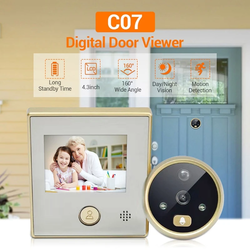 

Home Safety Cat Eye Door Doorbell Set 4.3in LCD Digital Door Viewer Smart Camera Night Vision Motion Detection With USB Cable