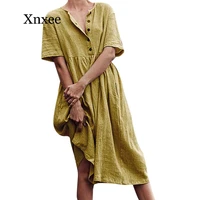 boho dress women o neck dresses vintage button short sleeve cotton and linen easy polyester mid calf solid summer dress plus