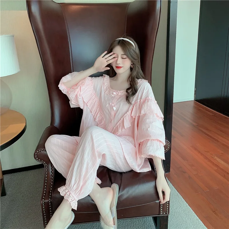 Spring And Autumn Loose Jacquard Pajamas Women Princess Woven Cotton Comfortable Ins Style Long-Sleeved Suit Home Service