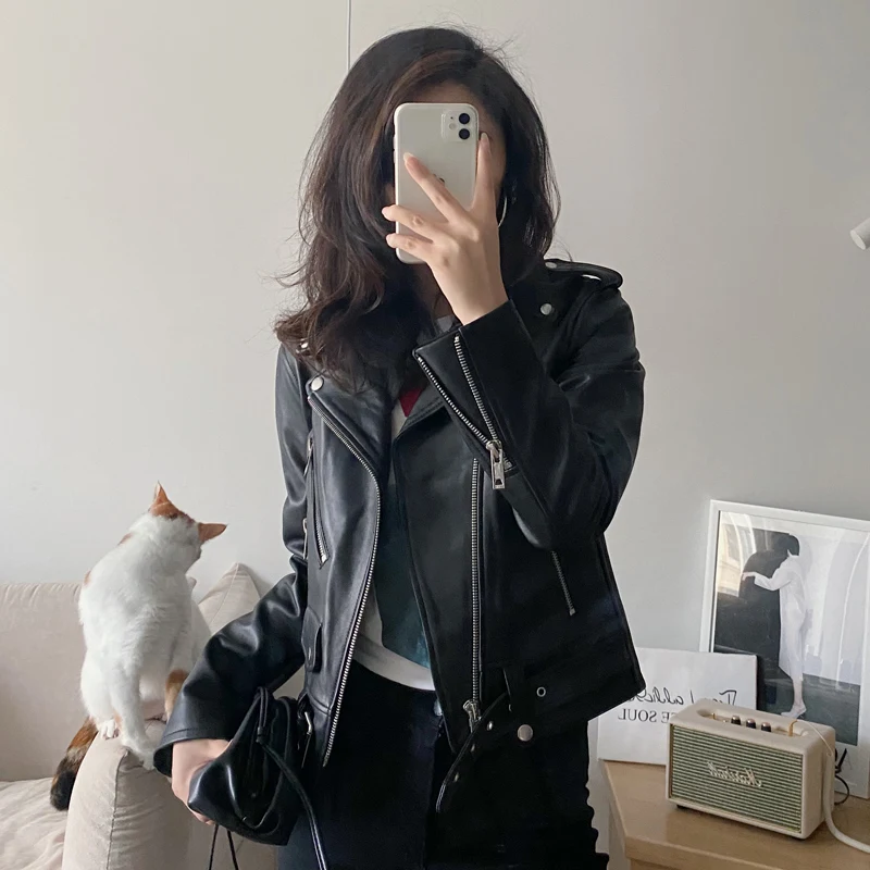 

2021 Spring Women Leather Jacket Slim Short Motorcycle Jackets Sheepskin Coat Korean Autumn Clothes Chaquetas Para Mujer WPY2851