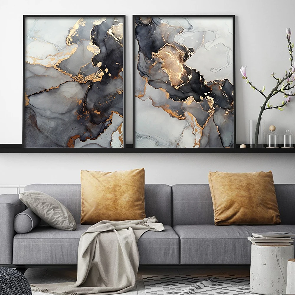 Большой черный и золотой мраморный Настенный декор серый абстрактный холст
