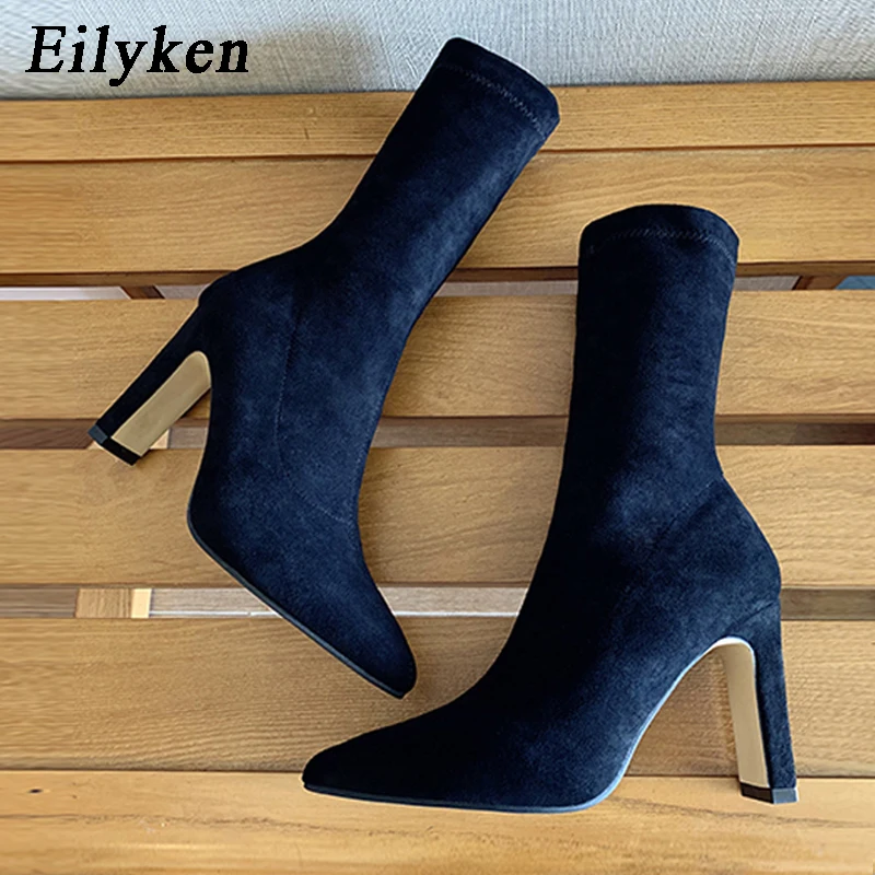 

Eilyken/Зимние удобные эластичные носки из флока; Женские ботильоны; Модные пикантные женские туфли-лодочки с острым носком на высоком квадрат...