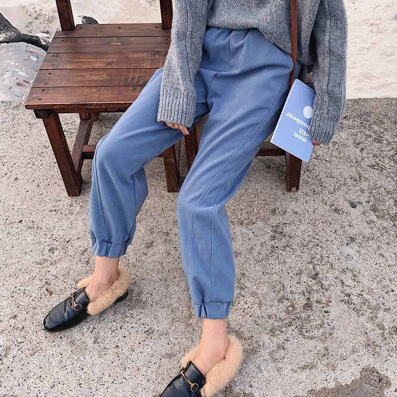 Vintage Winter High Waist Woolen Harem Pants Women Autumn Casual Thicken Warm Elastic Waist Loose Trousers Plus Size Clothes