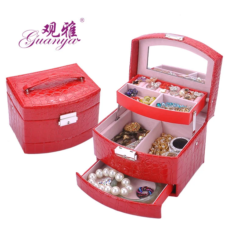 

Multilayer Automatic Leather Jewelry Box Three-layer Storage Box For Women Earring Ring Cosmetic Organizer Casket Red