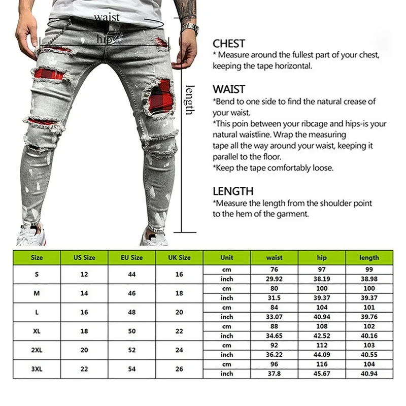 

Men's Quilted Embroidered jeans Skinny Jeans Ripped Grid Stretch Denim Pants Elastic Waist Patchwork Jogging Denim Trousers