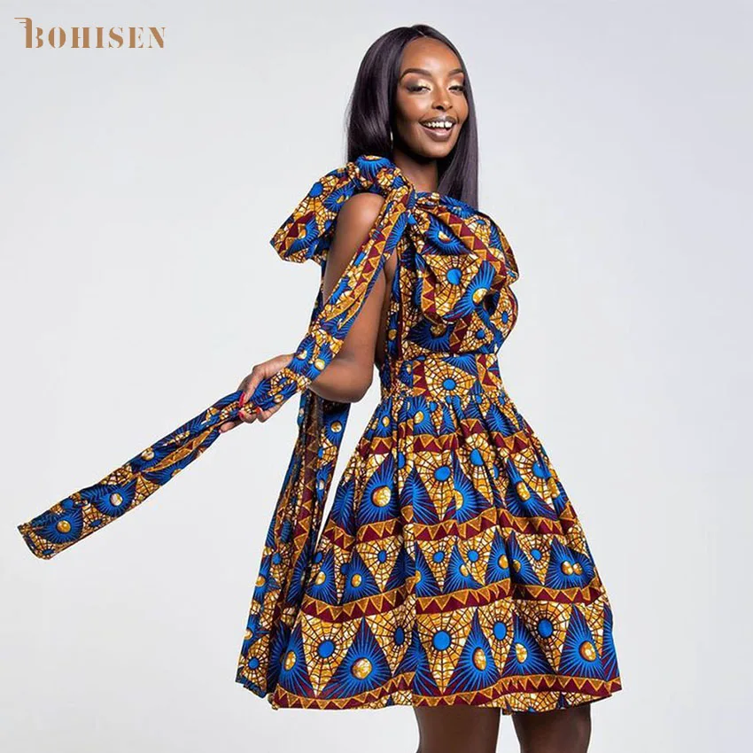 BOHISEN Dashiki женские платья с африканскими принтами Bazin Ankara короткими рукавами Slim Riche