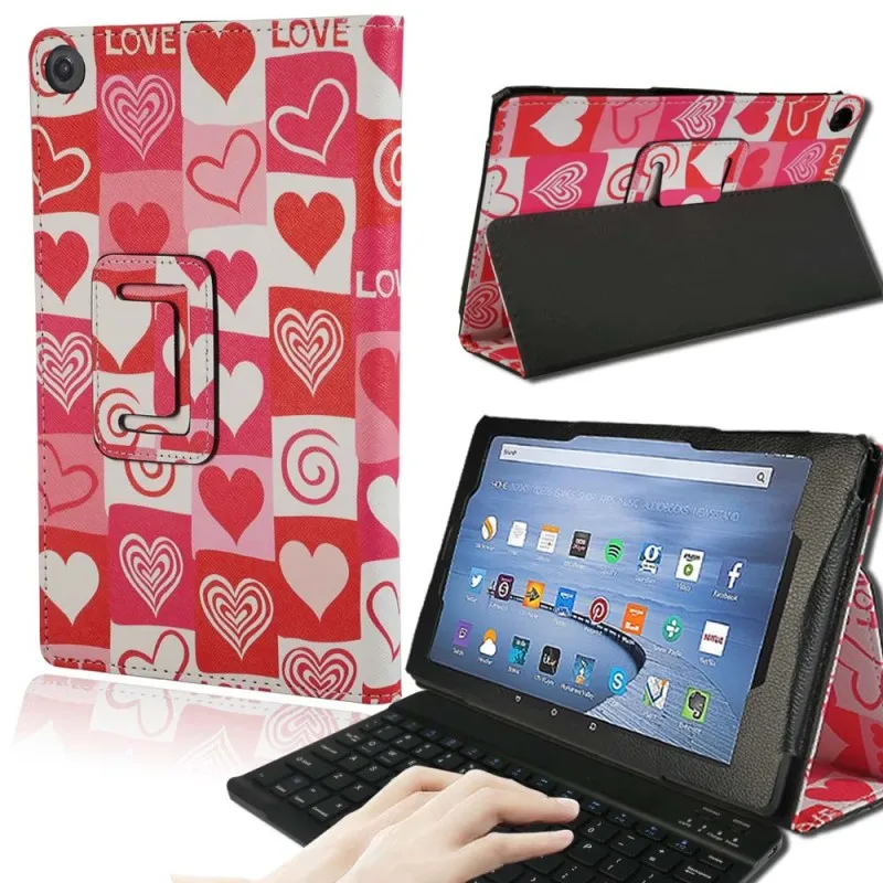 Heart KK&LL для Amazon Fire HD 10(7/5 поколение, / выпуск) Bluetooth клавиатура+ умный планшет кожаный чехол-книжка - Цвет: Heart