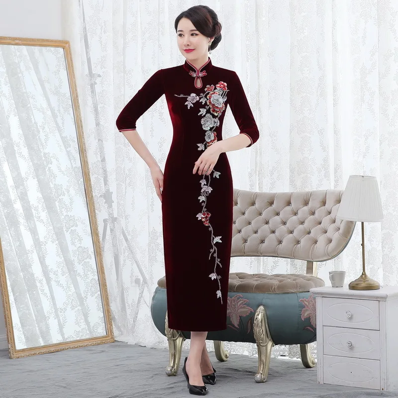 

Autumn/winter new cheongsam bead improved red wedding toast dress edgy banquet dress chinese chinese wedding dress for women