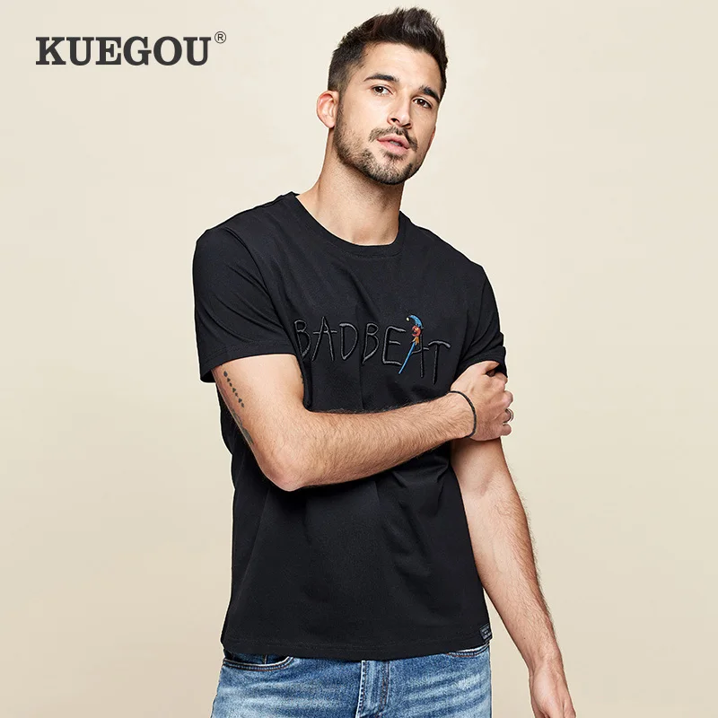 

Футболка KUEGOU мужская с короткими рукавами, Модная хлопковая тенниска с круглым вырезом и надписью, майка с вышивкой, большие размеры, ZT-3333, н...