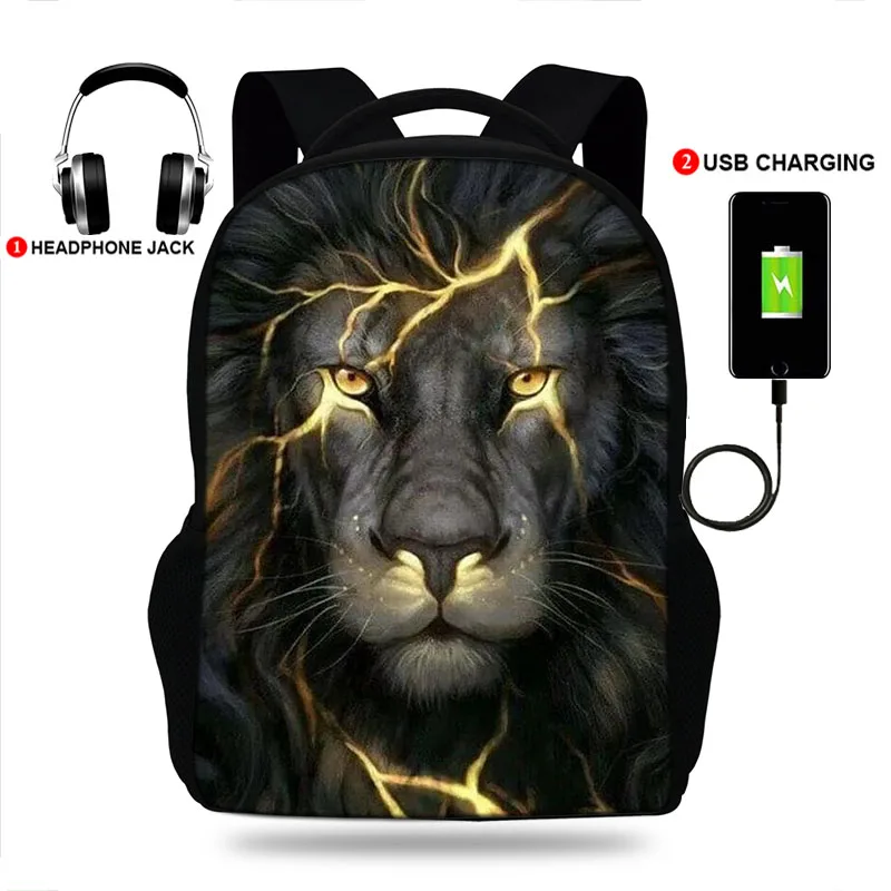 

Students Children Animal Lion Print Backpack School Bags For Boys Girls Bagpack Mochila Escolar Usb Chargeing Backpacks Kids Bag