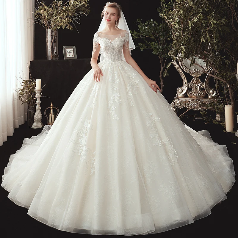 

luxury latest designs Beaded 2020 Ball Gown Wedding Dress Plus Size Bridal Gowns Short Sleeves Lace Appliques Bride Dresses X174