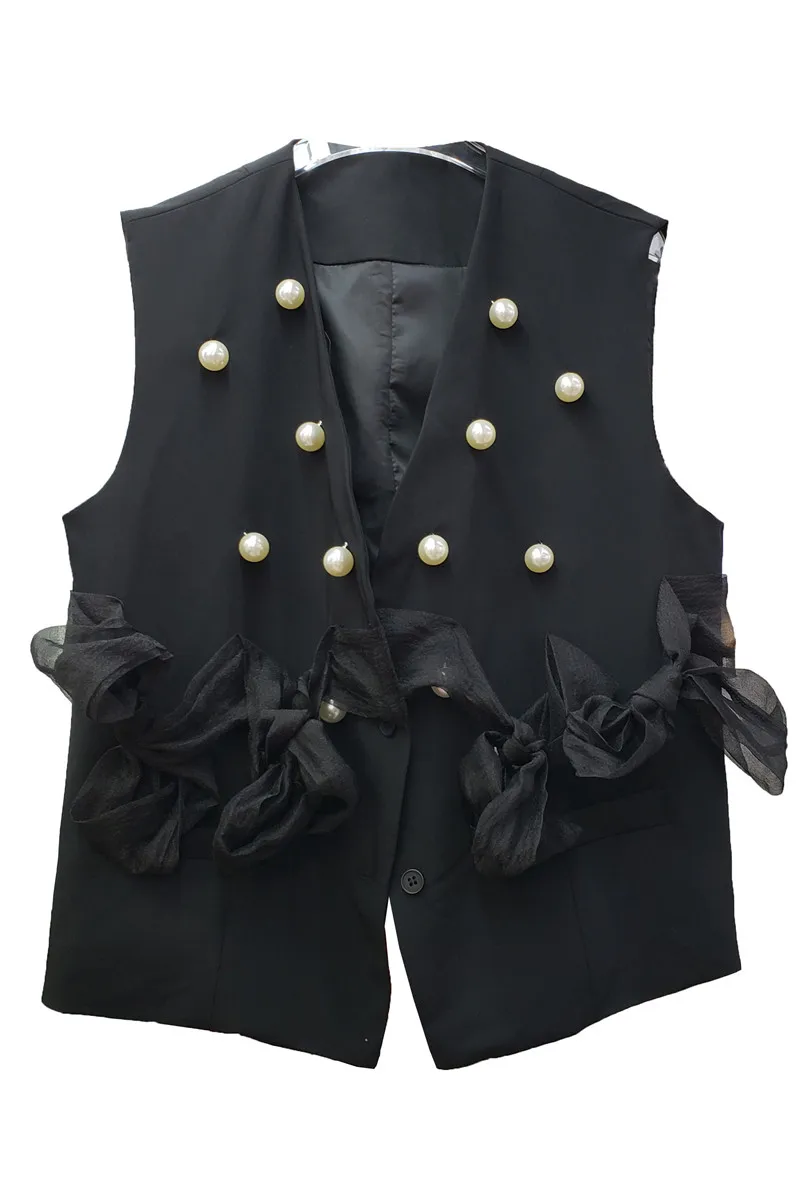 

Chic Style All-Matching Black Pearl Flower Mesh Bow Stitching Vest for Women Sleeveless Loose Streetwear Coat