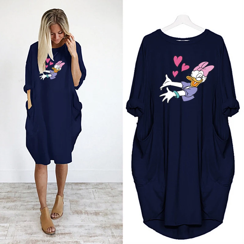 

Dresses Women Midi Dress Casual Robe Femme Long Sleeve Daisy Cartoon Print Loose Pockets Vestidos Autumn Party O Neck
