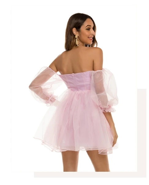 

CY High-waisted gauze frock summer sexy strapless princess dress elegant birthday disco dress pink women casual jurk mini