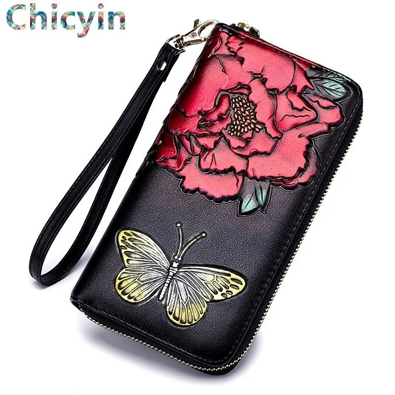 Кошелек женский длинный из натуральной кожи с цветочным принтом|Женские