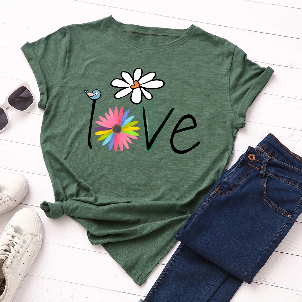 

Flowers Printed Women Short Sleeve Cotton T-Shirts Graphic Tees Summer Tee Tops for Female Loose Casual Oversized Tee Clothes