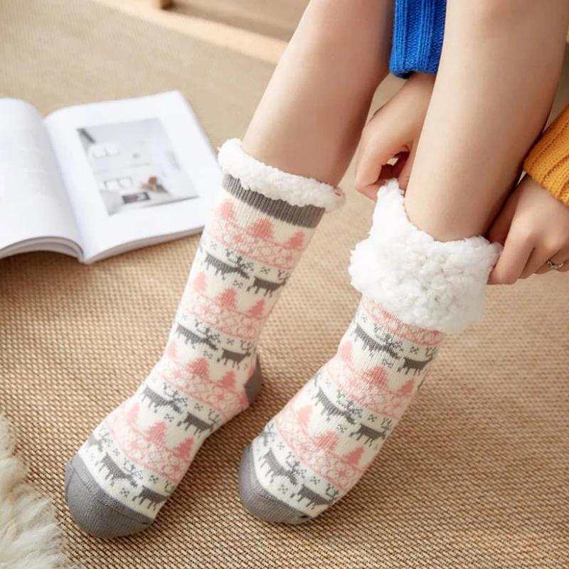 Thicken Plus Cotton Winter Socks Women Sleep Warm Non-Slip Stocking Cute Xmas Gift Kawaii Home Floor Room Sock Christmas Socks