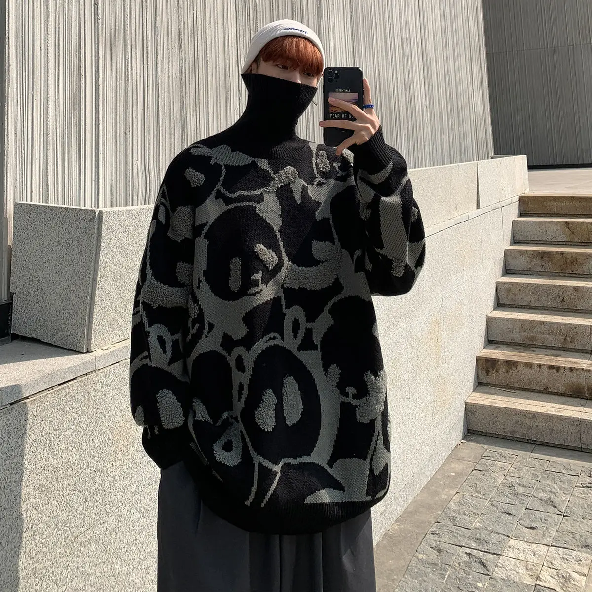 Мужской свитер с высоким воротом вязаный пуловер рисунком панды зимняя