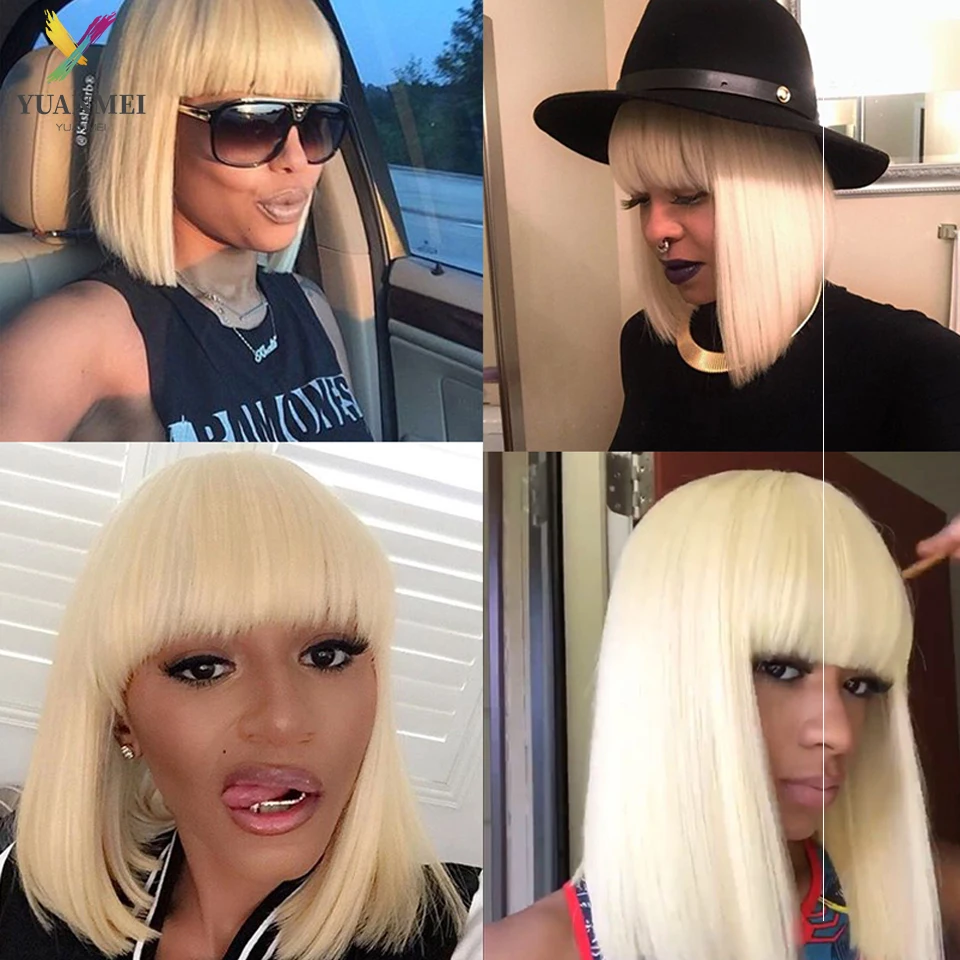 

YUANMEI Colored Human Hair Wig 613 Blonde Short Hair Bob Wig With Bangs 8-16 Inch Brazilian Straight Hair Bob Wig Natural Hair