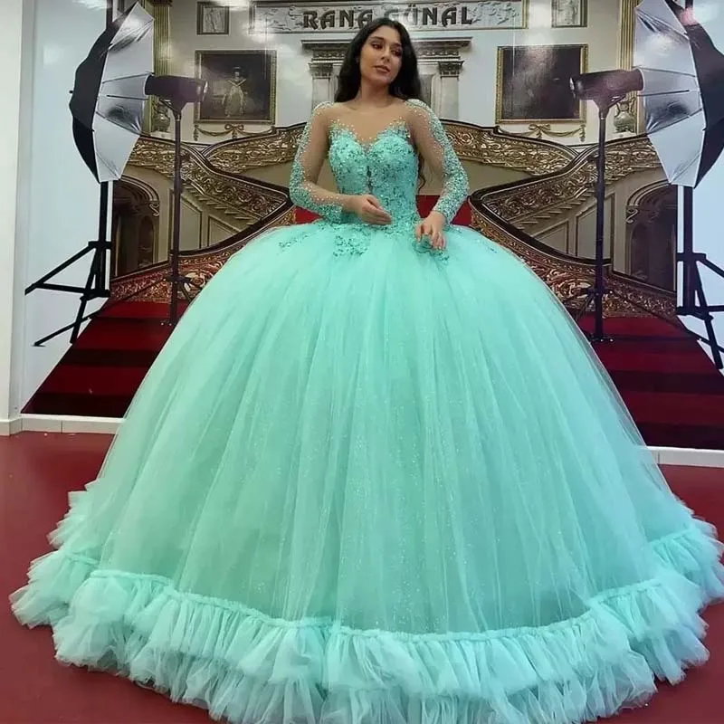 Vestidos de princesa de quinceañera para mujer, con hombros descubiertos de encaje vestido azul claro, tul dulce 16, elegante, Formal, para fiesta, graduación, 2022 (0)