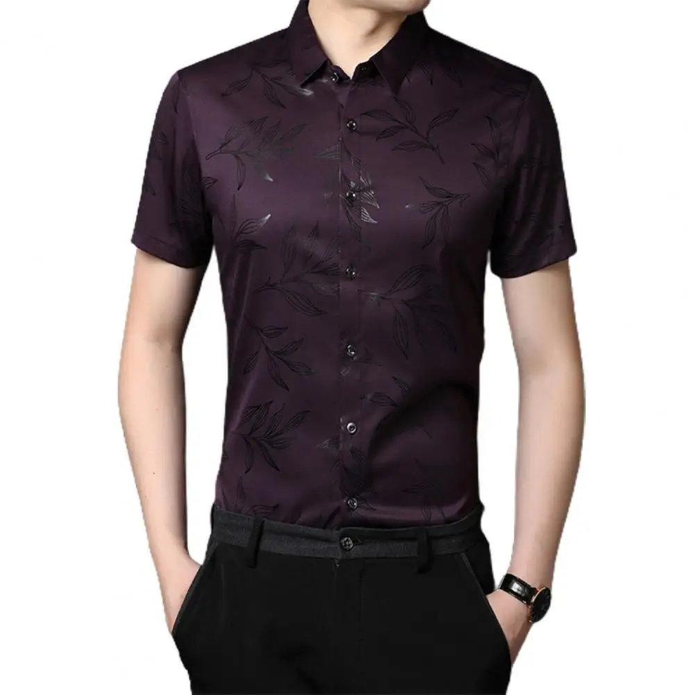 

Men Slim Social Shirt Plant Print Buttons Turndown Collar Summer Streetwear Short Sleeve Lapel T-shirt for Business